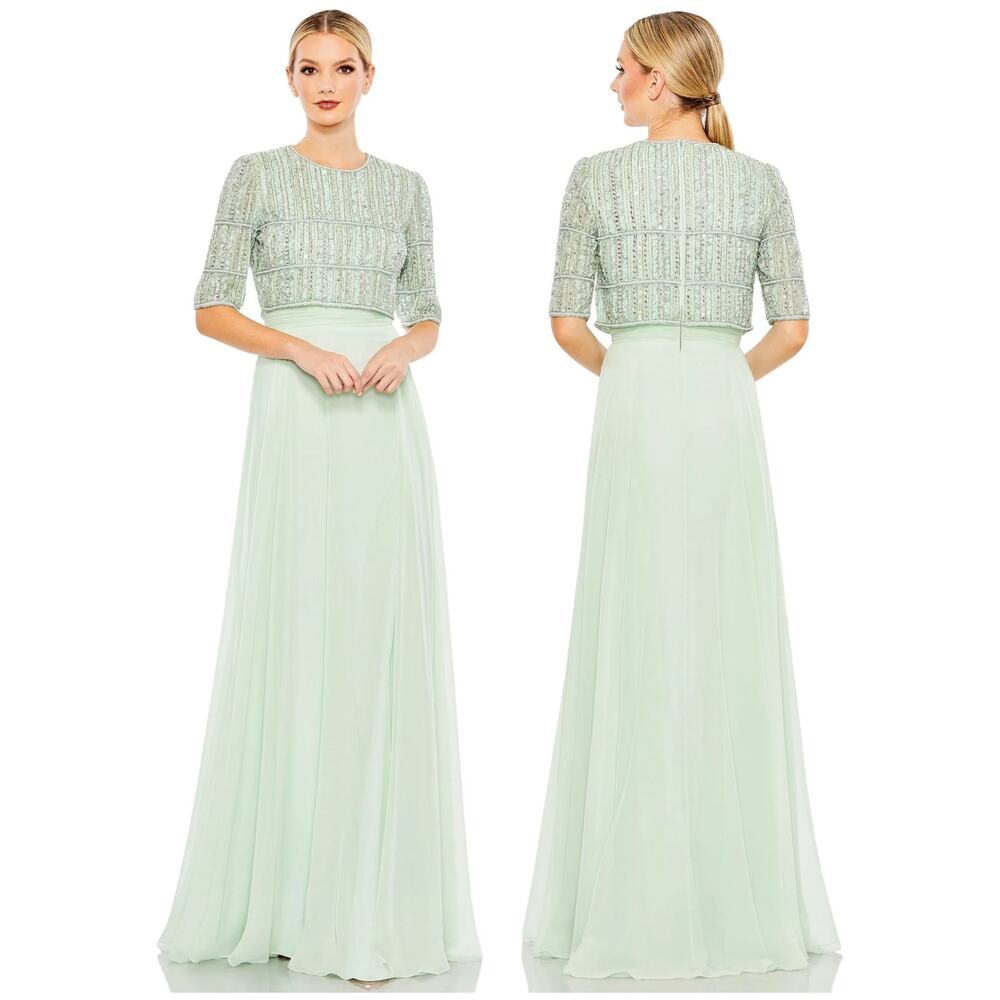 Mac Duggal NWT Sage Green Chiffon Gown Beaded Embellished 3/4 Sleeve Top Size 4
